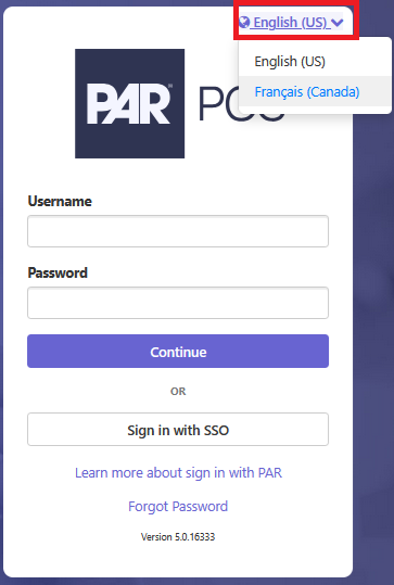 Admin Portal login screen with the language dropdown open, showing English (US) and Français (Canada) options highlighted in red