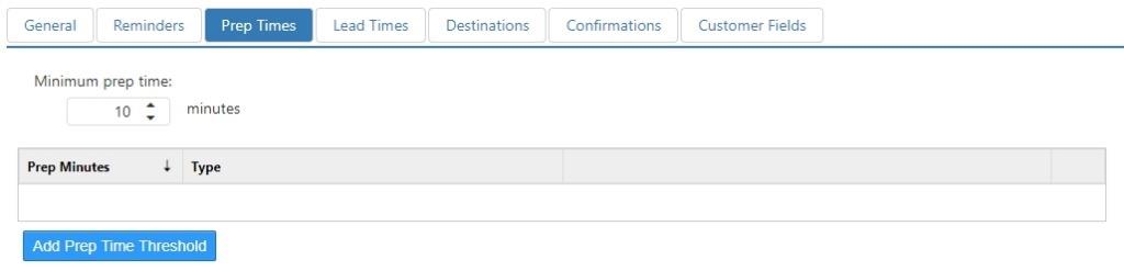 Options > Future Orders > Prep Times tab, showing Minimum prep time field and a Prep Minutes / Type rules table with an Add Prep Time Threshold button