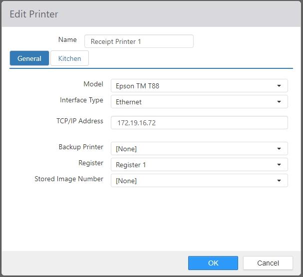 Edit Printer dialog, General tab, showing Model dropdown set to Epson TM T88, Interface Type, TCP/IP Address, Backup Printer, Register, and Stored Image Number fields
