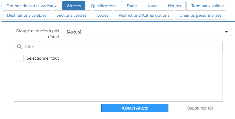 Modifier la boîte de dialogue de promotion, onglet Articles