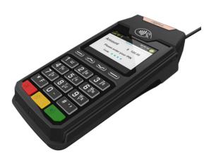 Ingenico Lane 3600 payment terminal with color touchscreen, keypad, and coiled USB cable