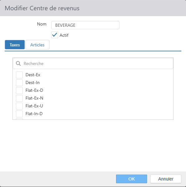 Boîte de dialogue Modifier Centre de revenus, onglet Taxes
