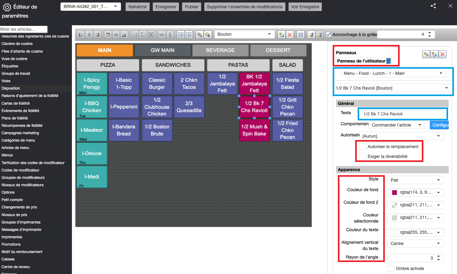 Settings Editor button configuration panel with red boxes around translated system labels (Panneaux, Panneau de l'utilisateur) and blue boxes around user-entered button text such as "1/2 Bk 7 Chs Ravioli"