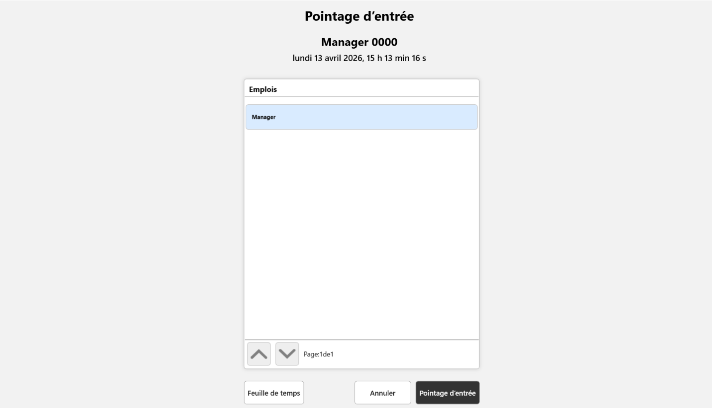 Register clock-in screen in French (