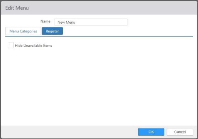 Edit Menu dialog, Register tab, showing the Hide Unavailable Items checkbox