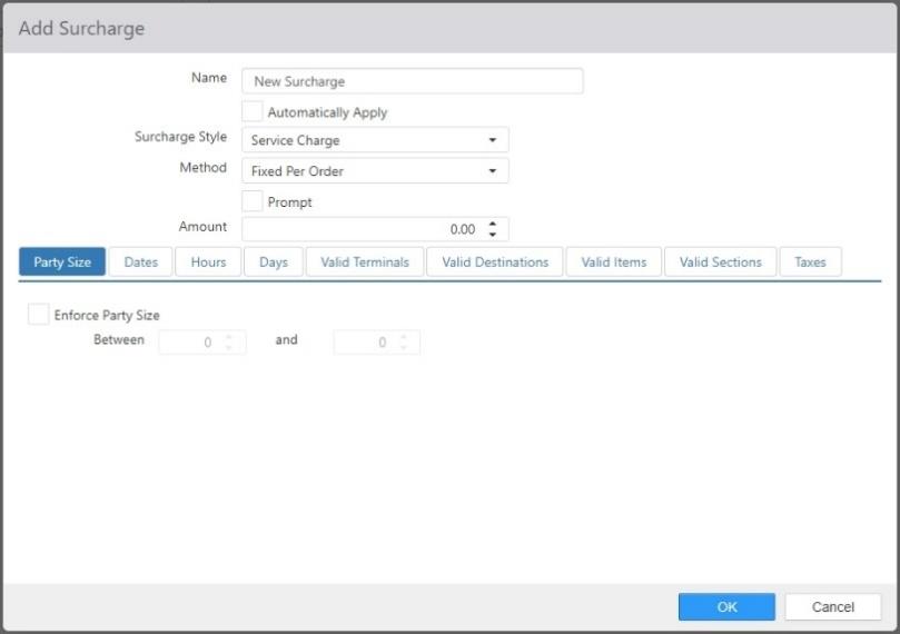 Add Surcharge dialog, Party Size tab showing Name, Automatically Apply, Surcharge Style, Method, Prompt, Amount, and an Enforce Party Size checkbox