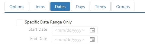 Edit Discount dialog, Dates tab, with Specific Date Range Only checkbox and Start Date, End Date fields