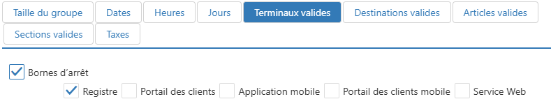 Boîte de dialogue Modifier Frais supplémentaires, onglet Terminaux valides