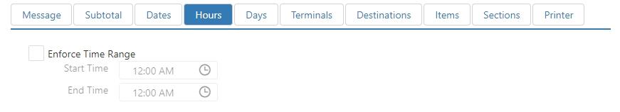 Edit Printer Message dialog, Hours tab, with Enforce Time Range fields