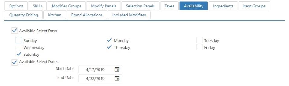 Edit Item dialog, Availability tab, showing Available Select Days checkboxes for each day of the week and Available Select Dates with Start Date/End Date fields