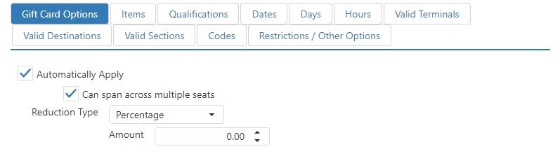 Edit Promotion dialog, Gift Card tab, with Automatically Apply and Reduction Type fields
