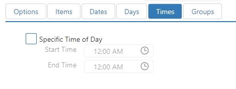 Edit Discount dialog, Times tab, with Specific Time of Day checkbox and Start Time, End Time fields