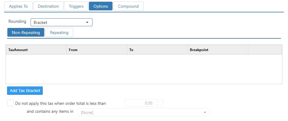 Edit Tax dialog, Options tab, Rounding method Bracket, showing the Non-Repeating and Repeating tax bracket grids with TaxAmount, From, To, and Breakpoint columns