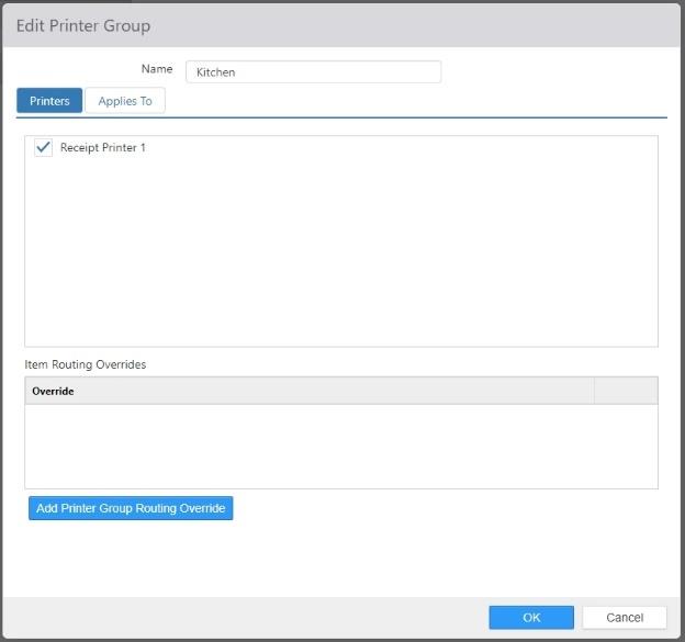 Edit Printer Group dialog, Printers tab, listing printers with a checkbox and an Item Routing Overrides table