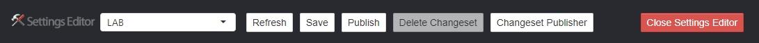 Settings Editor toolbar with location drop-down and Refresh, Save, Publish, Delete Changeset, Changeset Publisher, and Close Settings Editor buttons