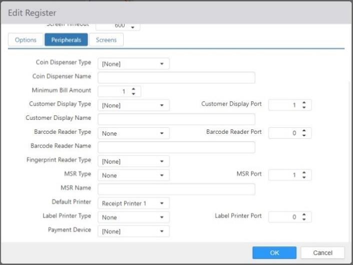 Edit Register dialog, Peripherals tab showing Coin Dispenser, Customer Display, Barcode Reader, Fingerprint Reader, MSR, Default Printer, Label Printer, and Payment Device settings