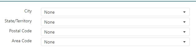 Options > Customers > Defaults tab, showing City, State/Territory, Postal Code, and Area Code dropdowns