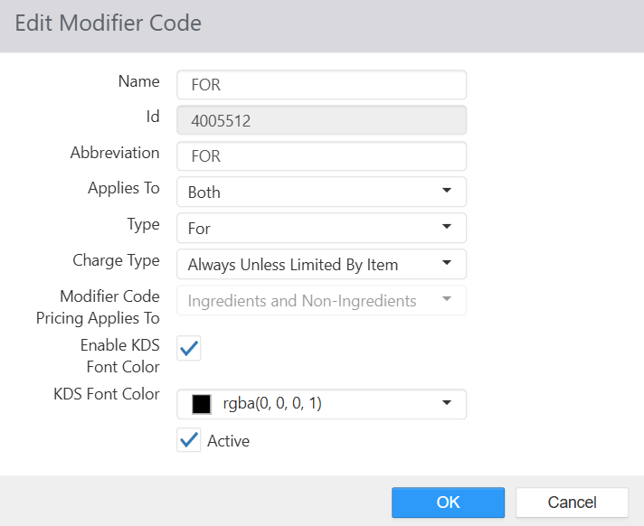 Edit Modifier Code dialog for the FOR code showing Name, Id, Abbreviation, Applies To, Type, Charge Type, Modifier Code Pricing Applies To, Enable KDS Font Color, KDS Font Color, and Active fields