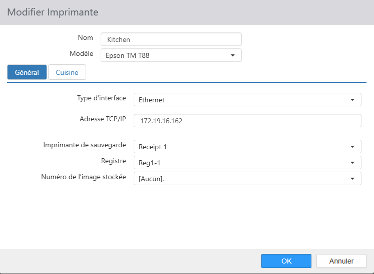 Boîte de dialogue Modifier l'imprimante, onglet Général (Epson TM T88, interface Ethernet)