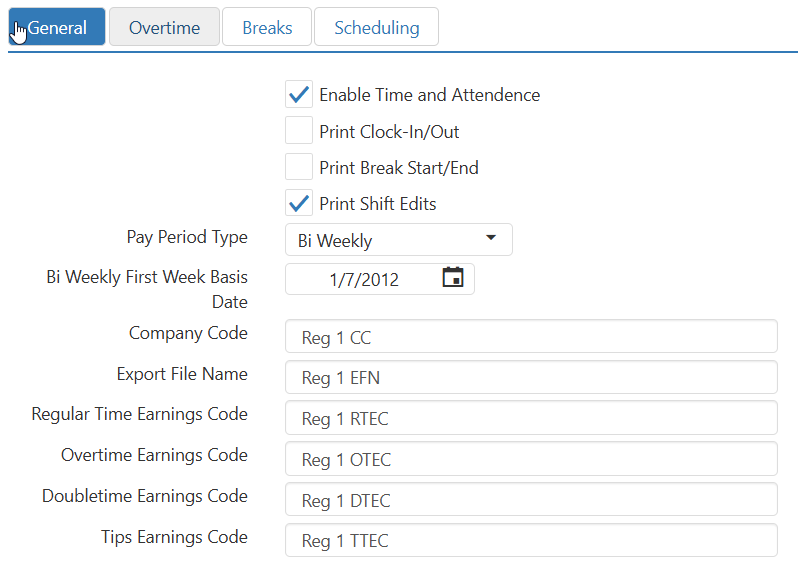 Options > Labor > General tab, showing Enable Time and Attendance, Print Clock-In/Out, Print Break Start/End, Print Shift Edits checkboxes, Pay Period Type dropdown set to Bi Weekly, Bi Weekly First Week Basis Date, and export code fields