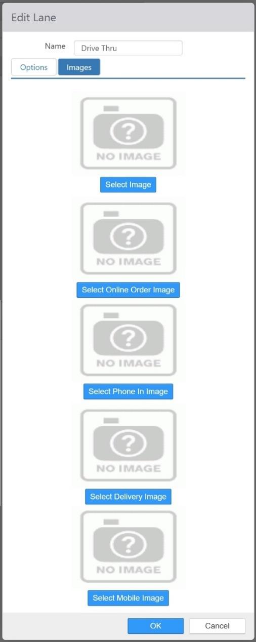 Edit Lane dialog, Images tab, showing placeholder image slots for Select Image, Select Online Order Image, Select Phone In Image, Select Delivery Image, and Select Mobile Image