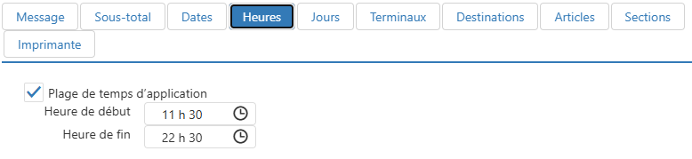 Boîte de dialogue Modifier le message de l'imprimante, onglet Heures
