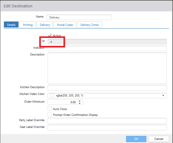Edit Destination dialog with the Id field highlighted