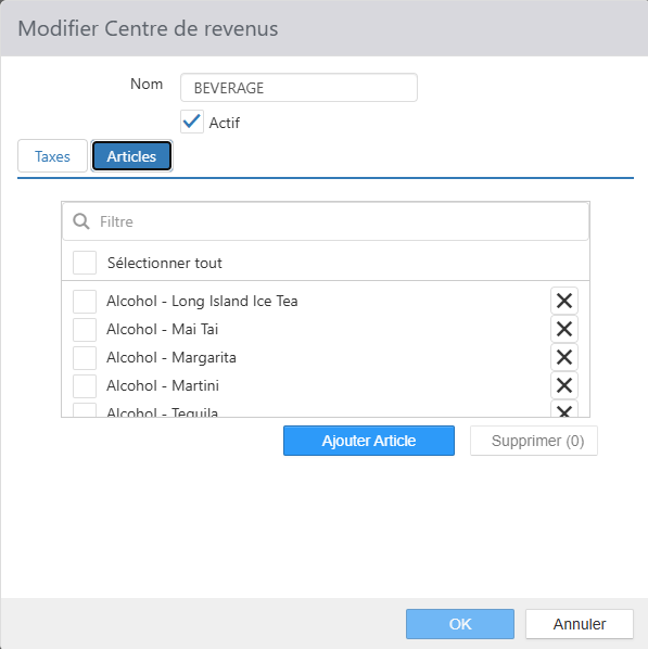 Boîte de dialogue Modifier Centre de revenus, onglet Articles