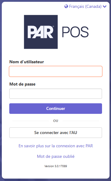 Écran de connexion du portail d'administration PAR POS avec le sélecteur de langue réglé sur Français (Canada)
