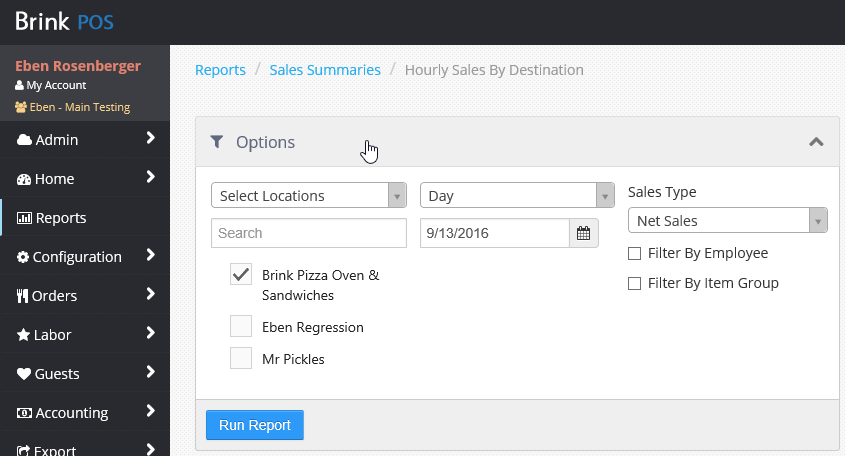 Hourly Sales by Destination report Options panel showing Select Locations and Day dropdowns, a date field, Sales Type set to Net Sales, Filter By Employee and Filter By Item Group checkboxes, location checkboxes for Brink Pizza Oven & Sandwiches, Eben Regression, and Mr Pickles, and a Run Report button