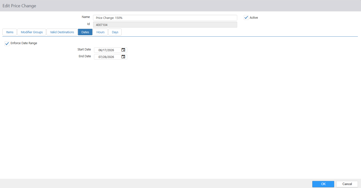 Edit Price Change dialog, Dates tab