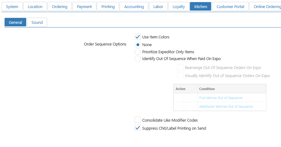 Options > Kitchen > General tab, showing Use Item Colors, Order Sequence Options radio buttons, out-of-sequence vehicle conditions table, and Consolidate Like Modifier Codes checkbox