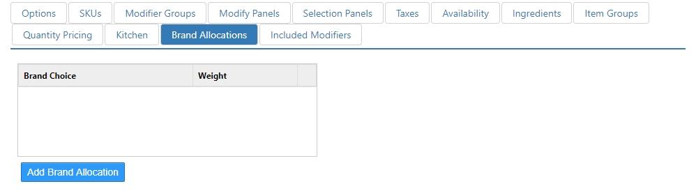 Edit Item dialog, Brand Allocations tab, showing an empty Brand Choice/Weight table and an Add Brand Allocation button