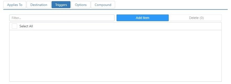 Edit Tax dialog, Triggers tab showing a filterable item list with an Add Item button