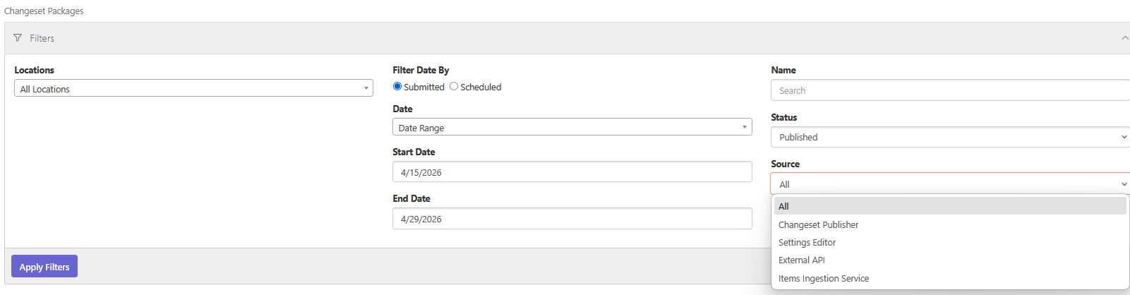Changeset Packages view with the Source filter dropdown open, showing All, Changeset Publisher, Settings Editor, External API, and Items Ingestion Service options