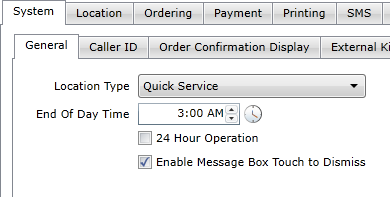 System tab of Options showing the End of Day Time field set to 3:00 AM, with 24 Hour Operation unchecked and Enable Message Box Touch to Dismiss checked