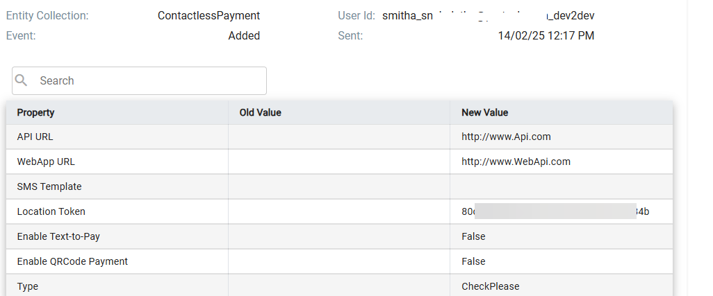 Audit event detail view showing Entity Collection, User Id, Event, and Sent fields above a Property/Old Value/New Value table for a ContactlessPayment Added event