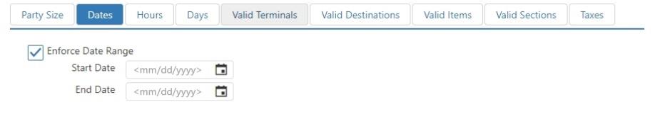 Edit Surcharge dialog, Dates tab showing Enforce Date Range checkbox with Start Date and End Date fields