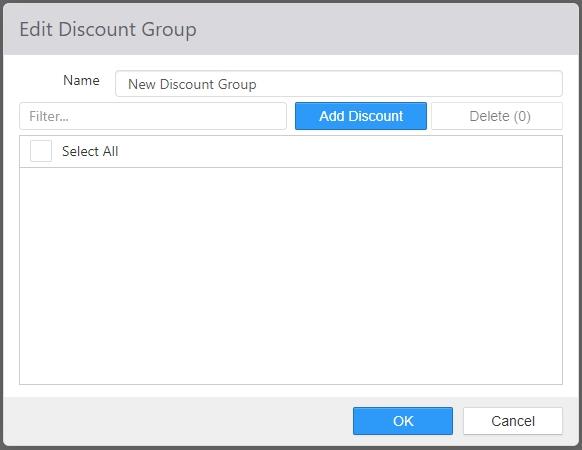 Edit Discount Group dialog with Name field, a discount filter, Add Discount button, and Select All list