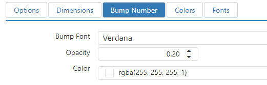 Add Kitchen View dialog, Bump Number tab, with Bump Font set to Verdana, Opacity set to 0.20, and a Color picker