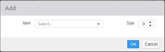 Add/Edit item dialog for an item size group, with Item drop-down and Size stepper field