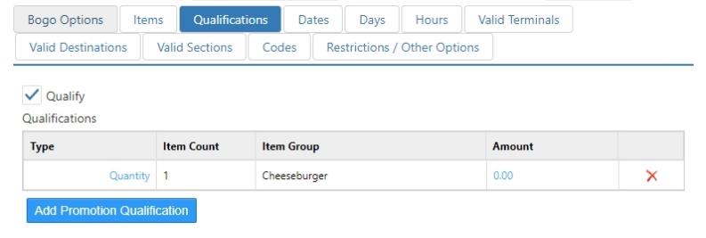 Edit Promotion dialog, Qualifications tab, with Qualify, Type, Item Count, Item Group, and Amount fields