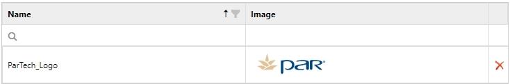 Images page, partial, showing a grid with Name and Image columns and a delete icon for an entry named ParTech_Logo