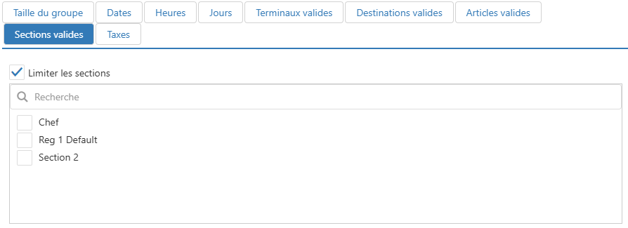 Boîte de dialogue Modifier Frais supplémentaires, onglet Sections valides