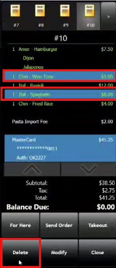Order #10 detail screen with two line items (Chn - Won Ton, Ital - Spaghetti) highlighted in green and the Delete button highlighted in red