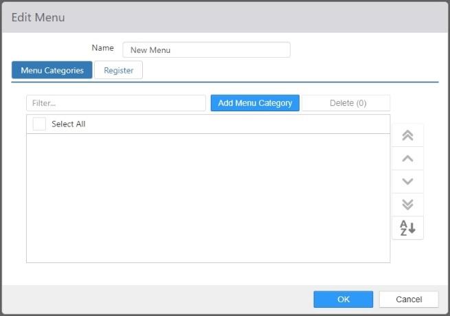 Edit Menu dialog showing Name field and Menu Categories tab with Filter, Add Menu Category, and Delete controls