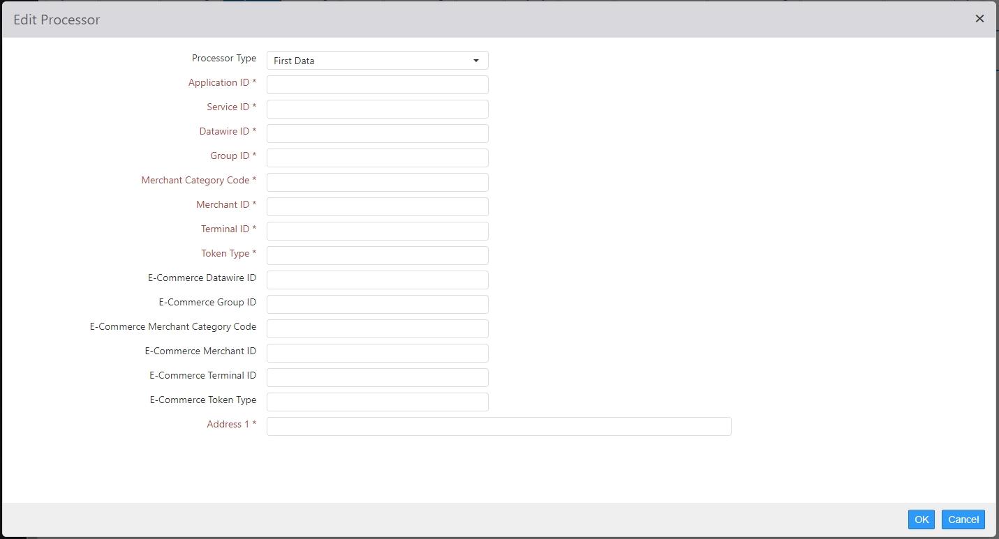 Edit Processor dialog with Processor Type set to First Data, showing Application ID, Service ID, Datawire ID, Group ID, Merchant Category Code, Merchant ID, Terminal ID, Token Type, E-Commerce fields, and Address 1