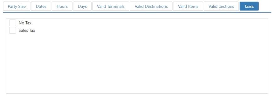 Edit Surcharge dialog, Taxes tab showing a list of taxes with checkboxes including No Tax and Sales Tax