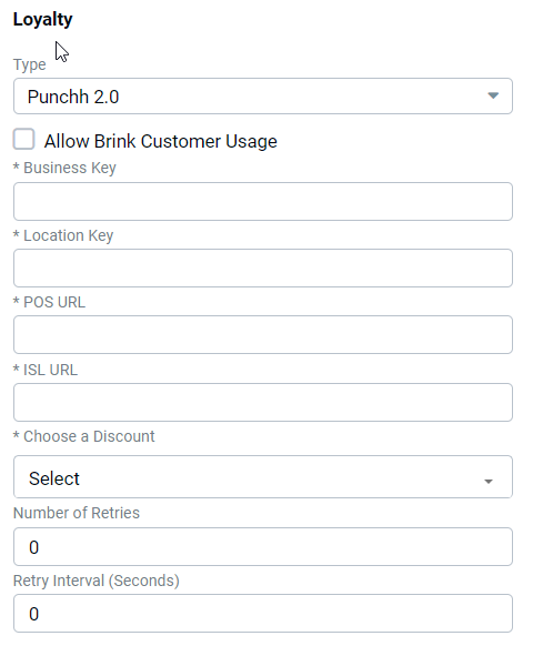 Edit Integration form for Loyalty with Type set to Punchh 2.0, showing Allow Brink Customer Usage checkbox, Business Key, Location Key, POS URL, ISL URL fields, Choose a Discount dropdown, and Number of Retries and Retry Interval (Seconds) counters