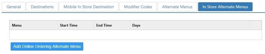 Options > Online Ordering > In Store Alternate Menus tab